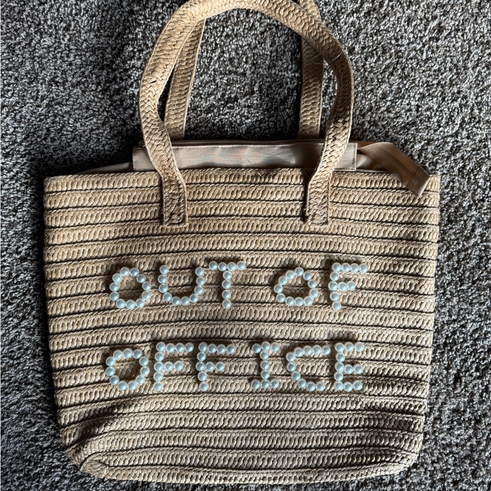 Tan Woven Tote Bag with Pearl Accents